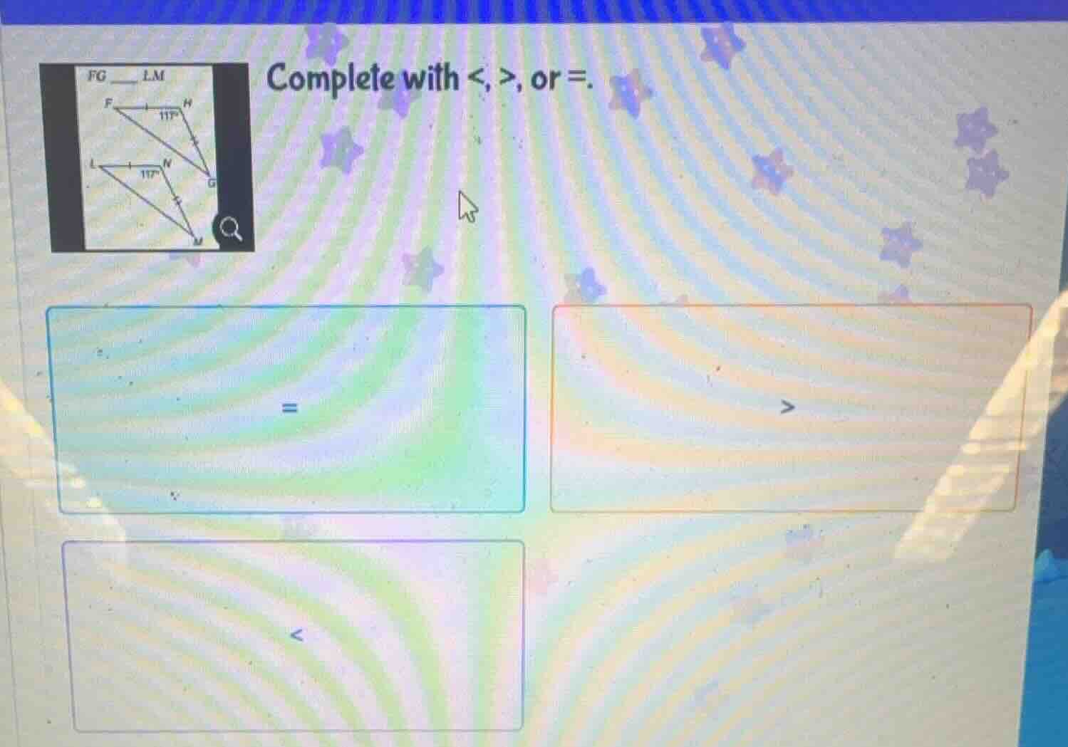 complete with <, >, or =. fg ___ lm