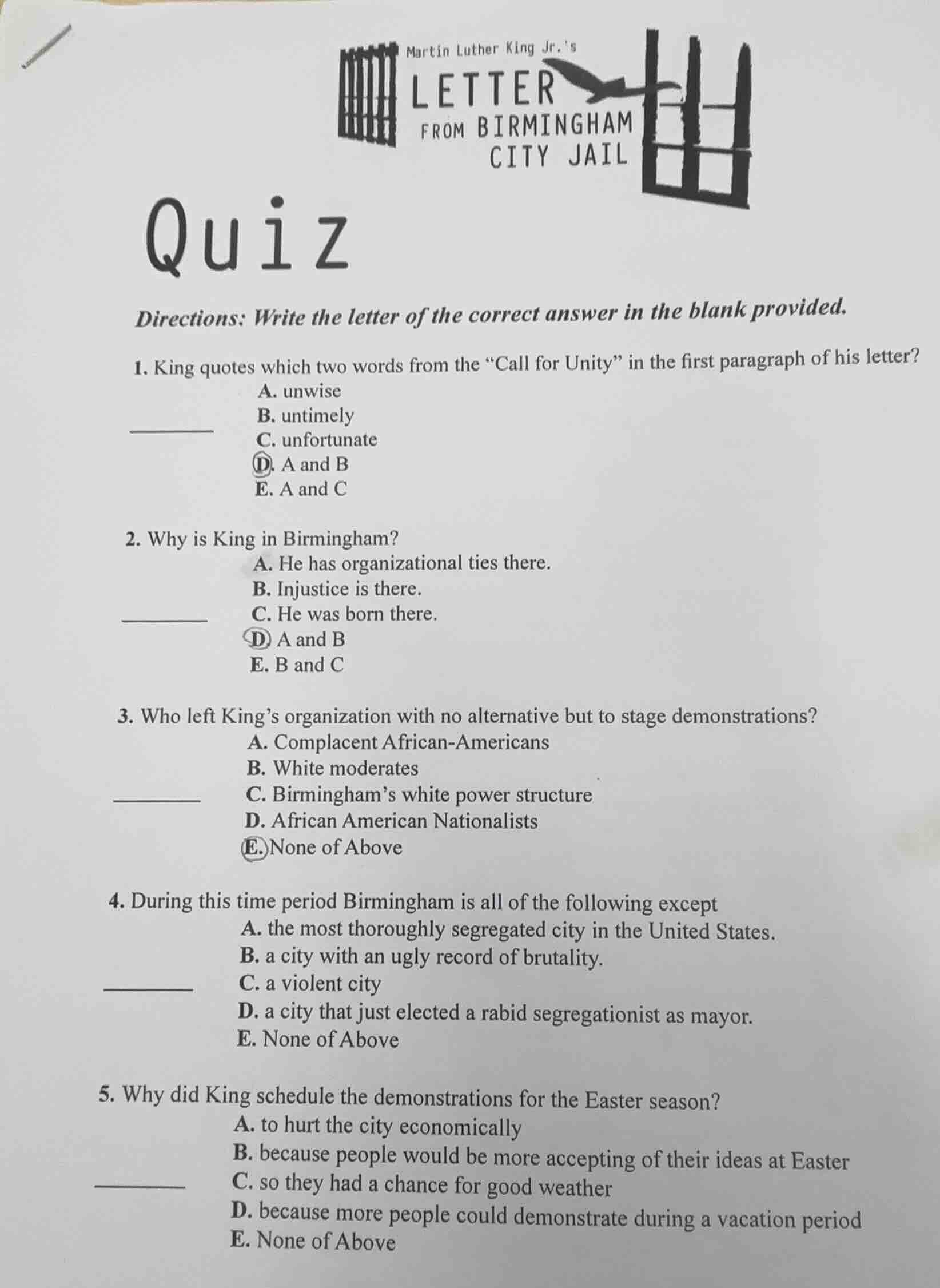 martin luther king jr.s letter from birmingham city jail quiz direction…