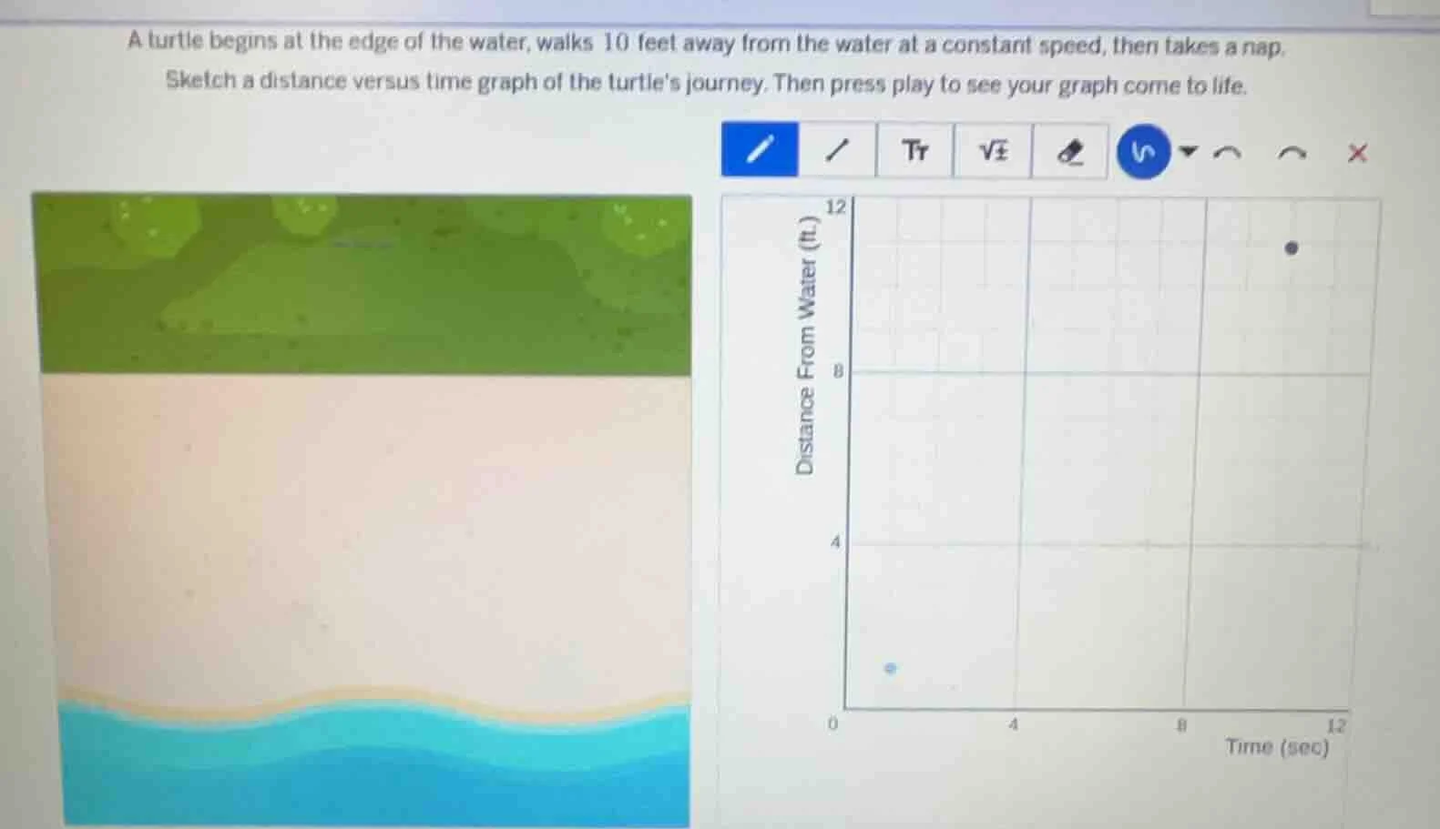 a turtle begins at the edge of the water, walks 10 feet away from the w…