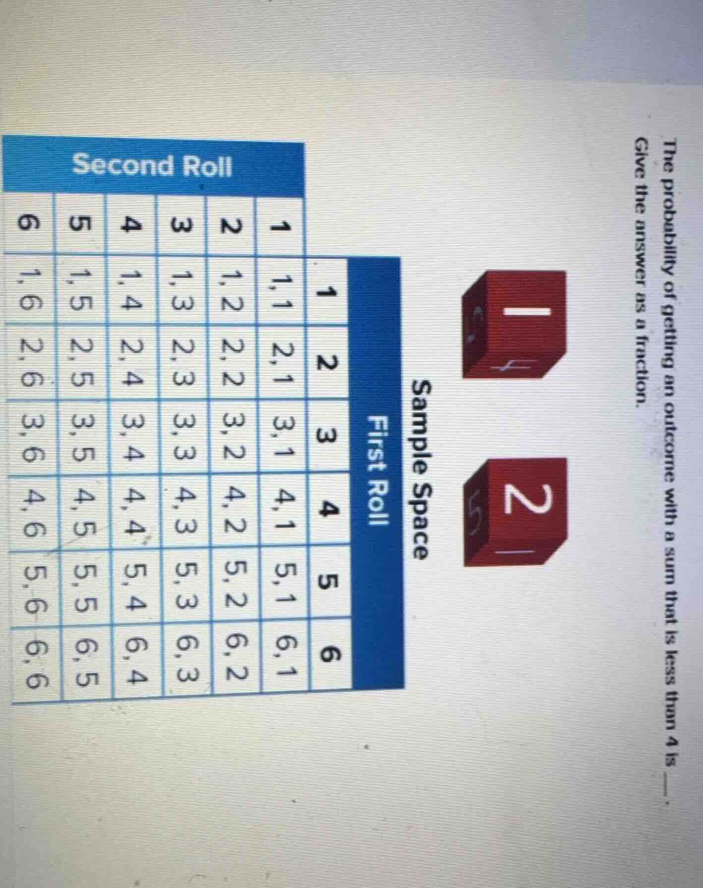 the probability of getting an outcome with a sum that is less than 4 is…