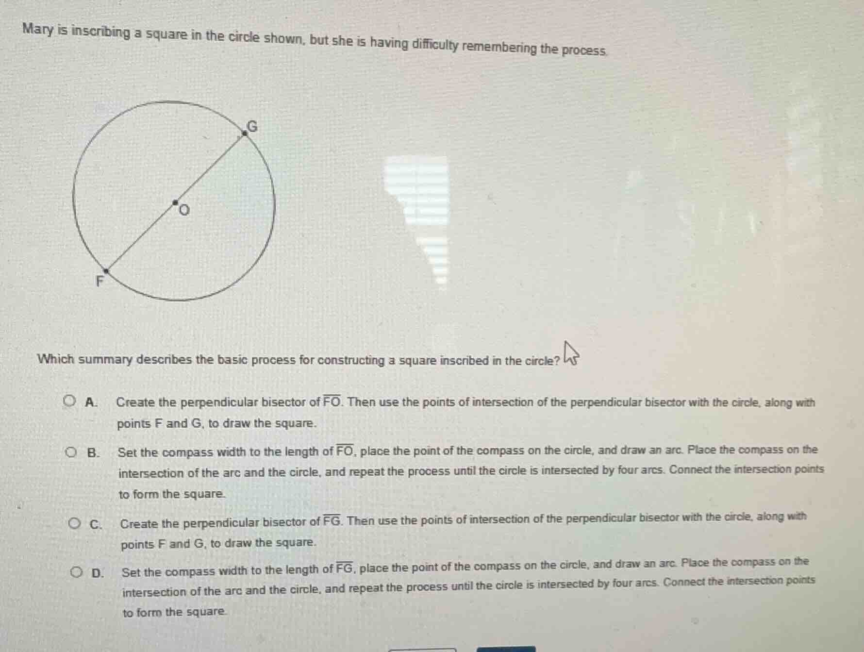 mary is inscribing a square in the circle shown, but she is having diff…