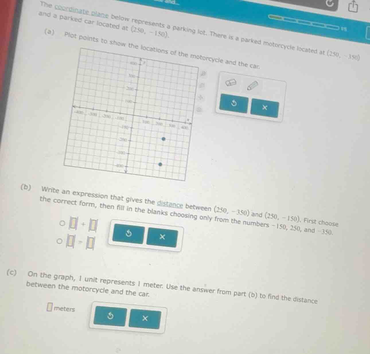 the coordinate plane below represents a parking lot. there is a parked …