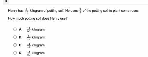 henry has \\(\frac{9}{10}\\) kilogram of potting soil. he uses \\(\frac…
