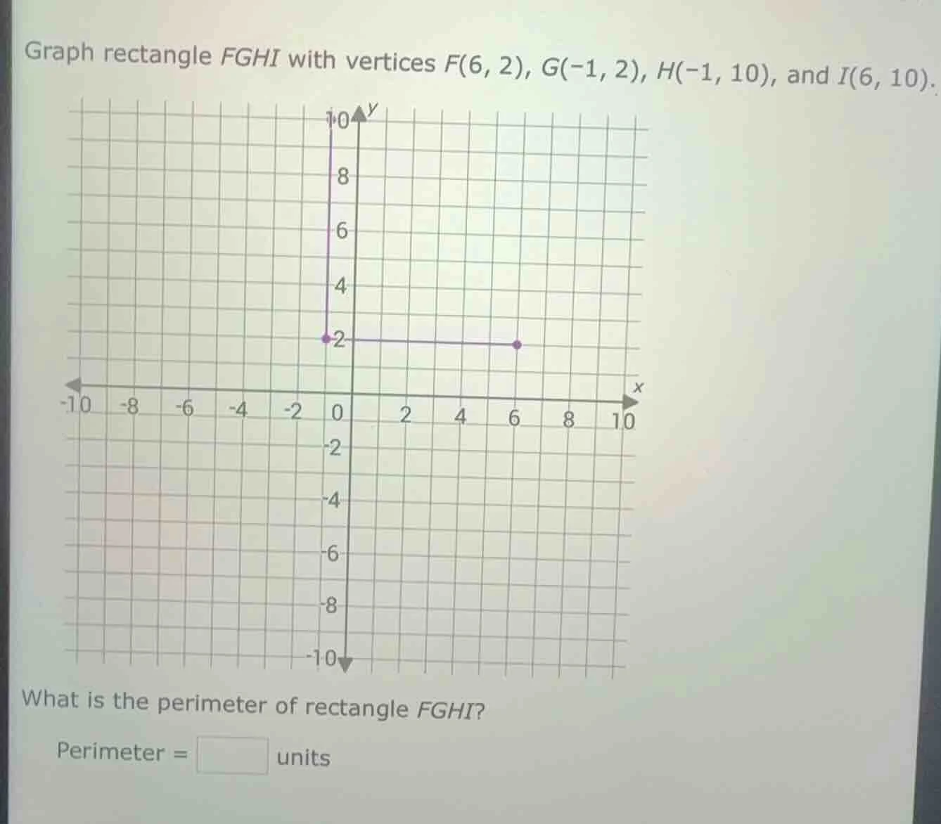 graph rectangle fghi with vertices f(6, 2), g(-1, 2), h(-1, 10), and i(…