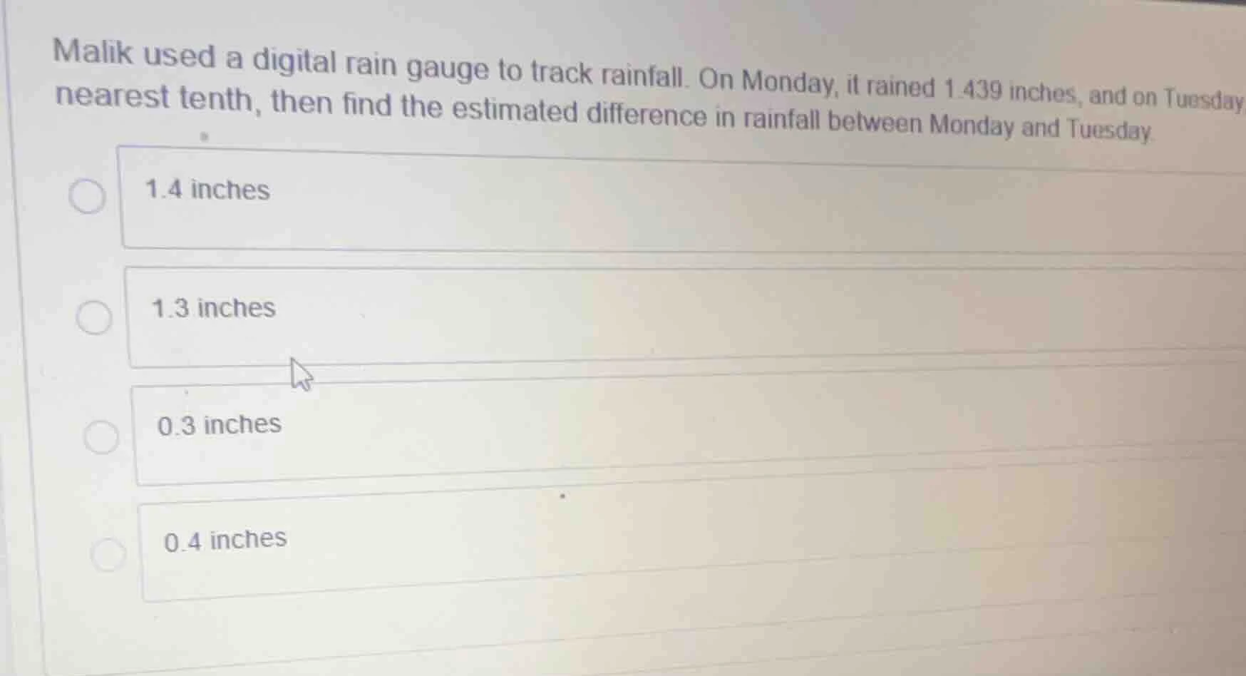 malik used a digital rain gauge to track rainfall. on monday, it rained…