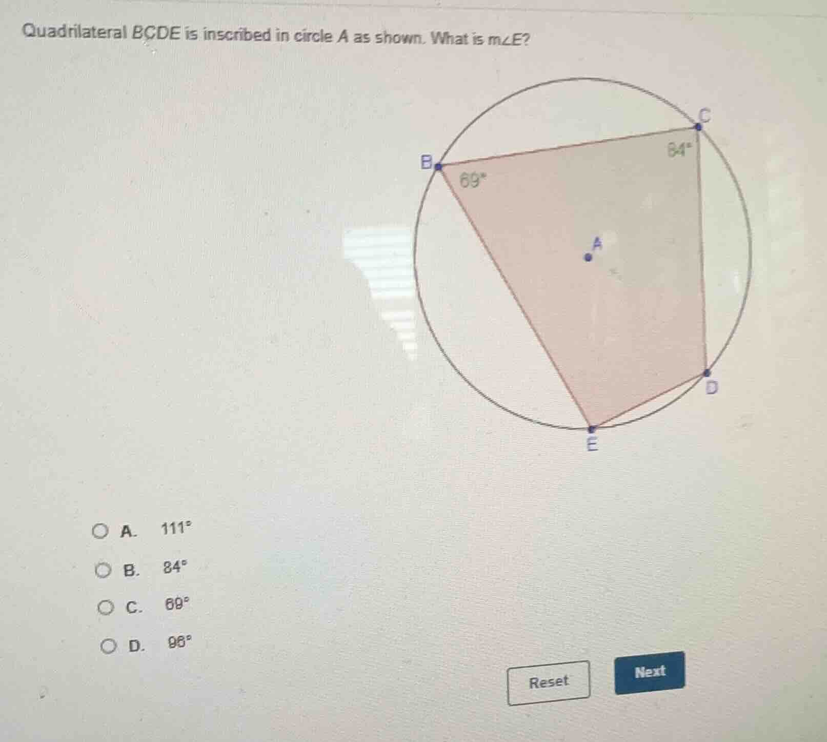 quadrilateral bcde is inscribed in circle a as shown. what is m∠e? a. 1…