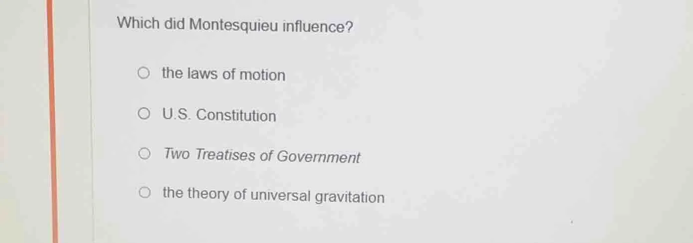 which did montesquieu influence? the laws of motion u.s. constitution t…