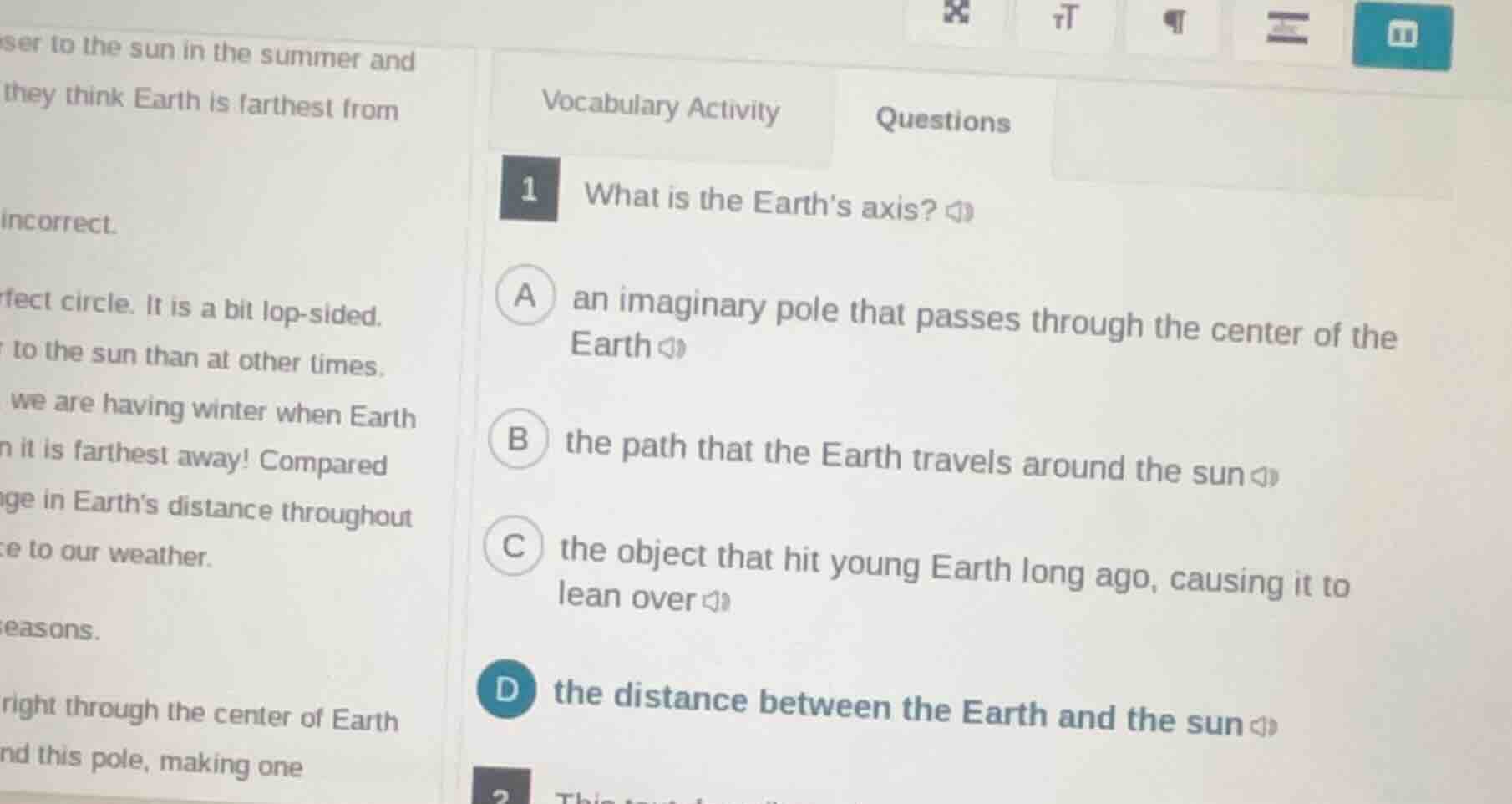 vocabulary activity questions 1 what is the earth’s axis? a an imaginar…