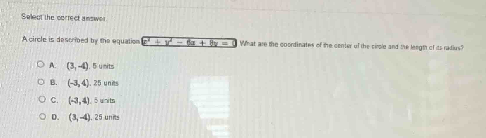 select the correct answer. a circle is described by the equation ( x^2 …