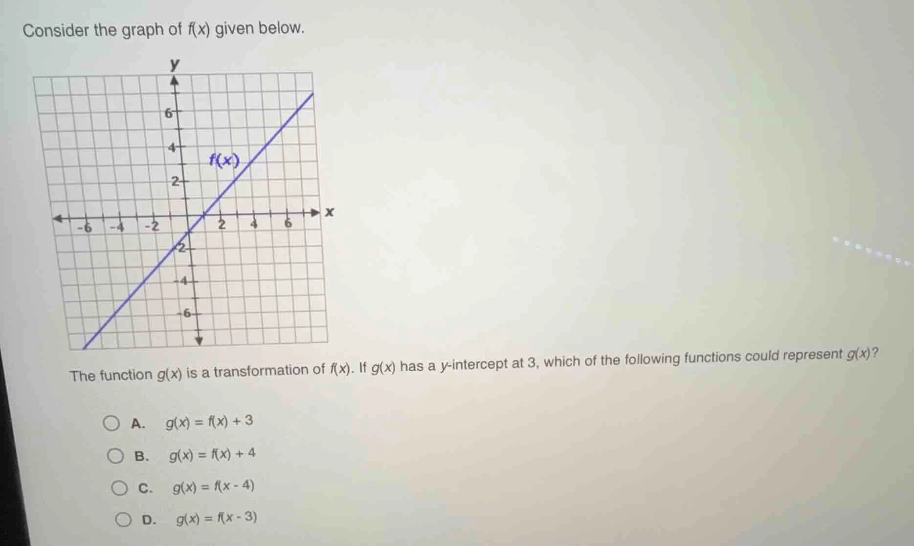 consider the graph of f(x) given below. the function g(x) is a transfor…