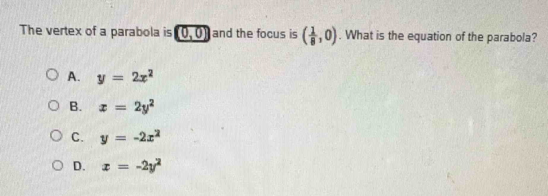 the vertex of a parabola is (0, 0) and the focus is $\\left(\\frac{1}{8…