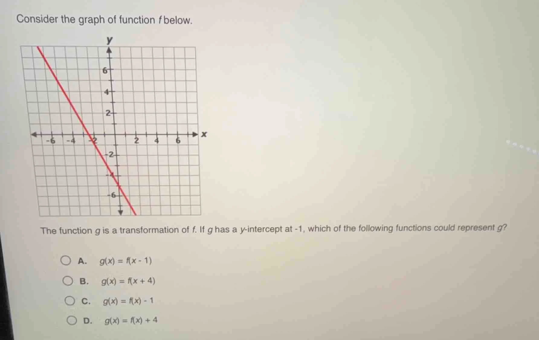 consider the graph of function f below. the function g is a transformat…