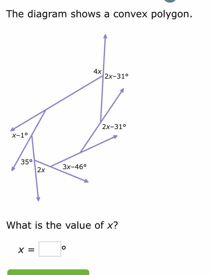 the diagram shows a convex polygon. what is the value of x? x = \\squar…