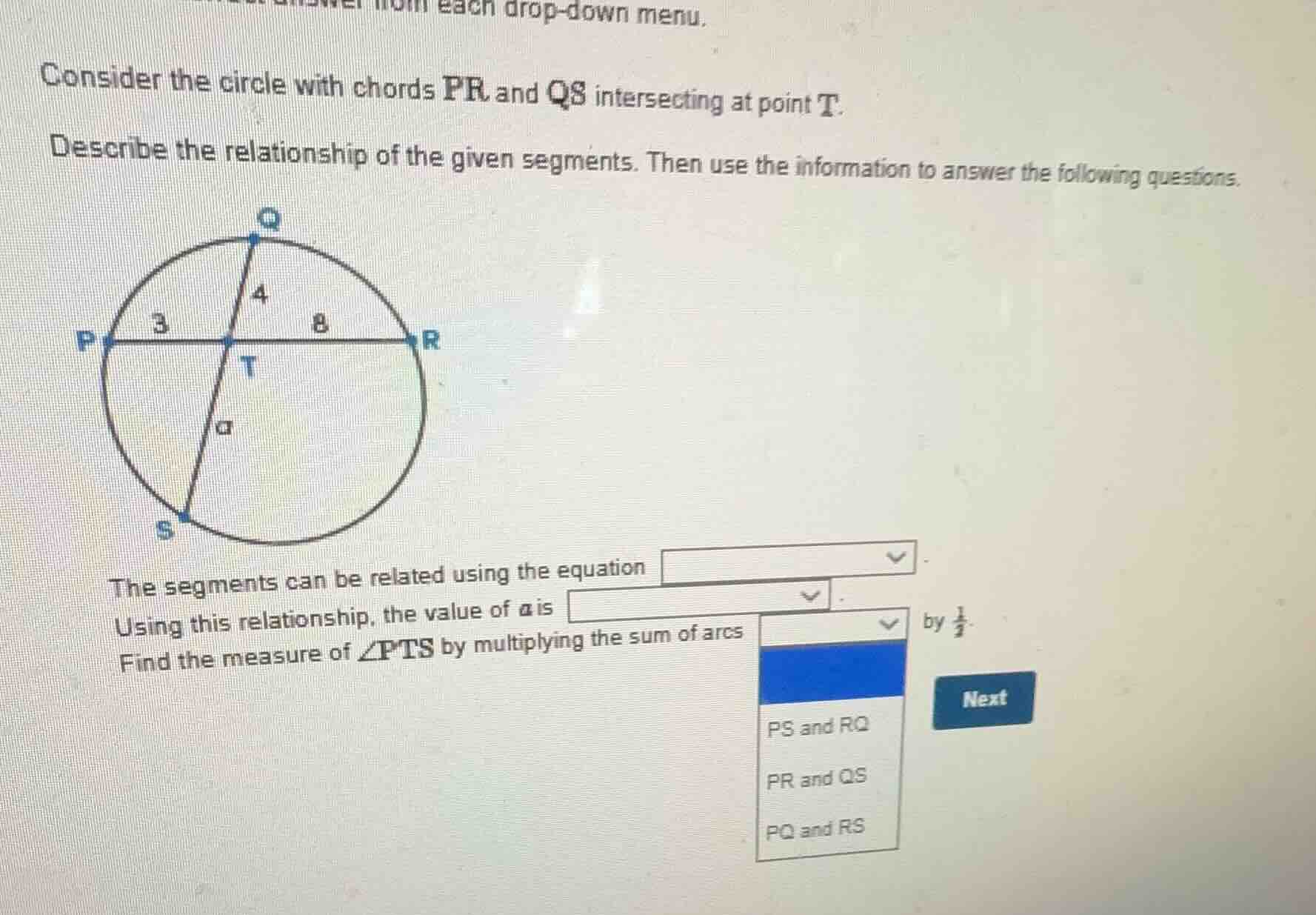 consider the circle with chords pr and qs intersecting at point t. desc…