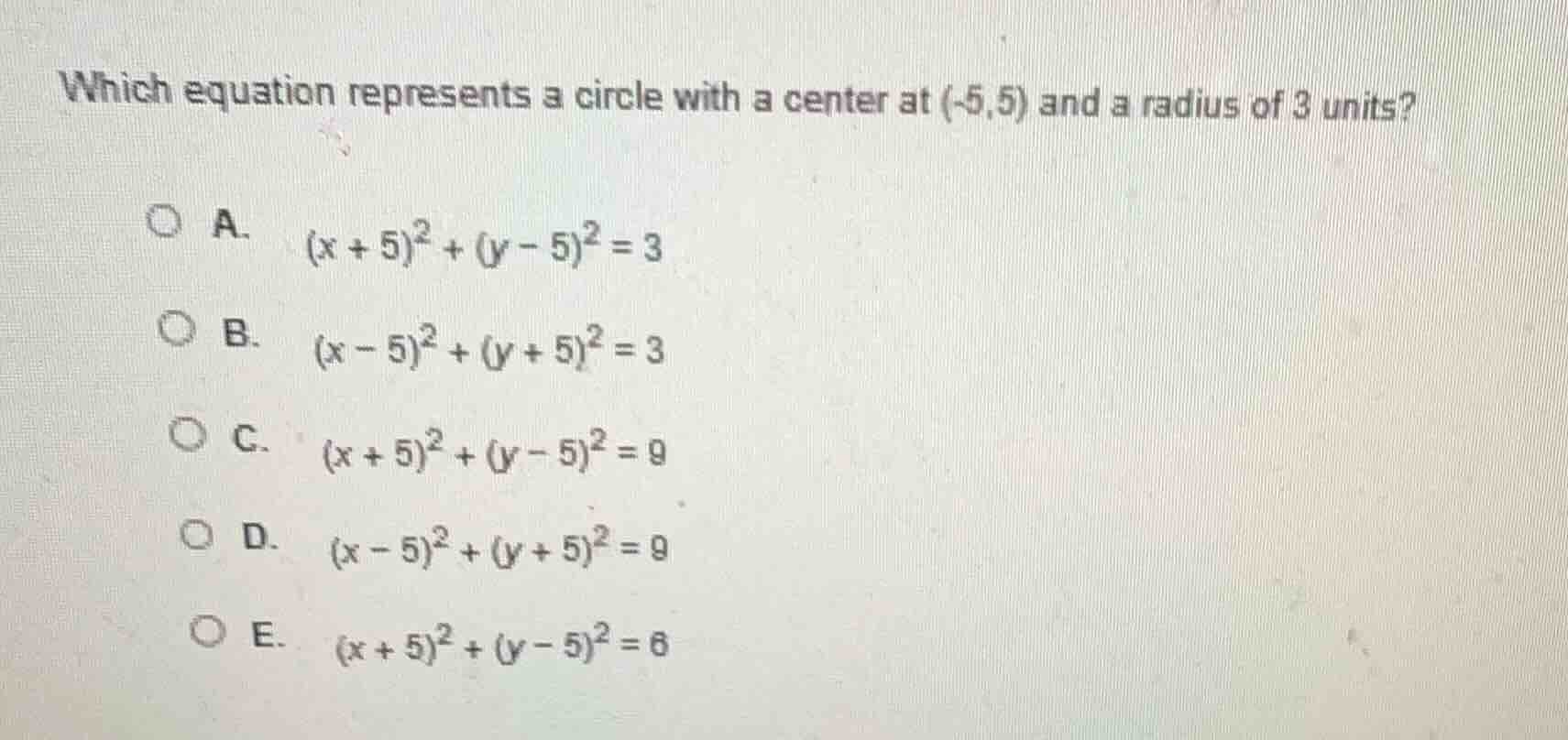 which equation represents a circle with a center at (-5,5) and a radius…