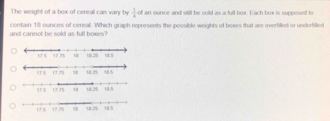 the weight of a box of cereal can vary by \\(\\frac{1}{4}\\) of an ounc…