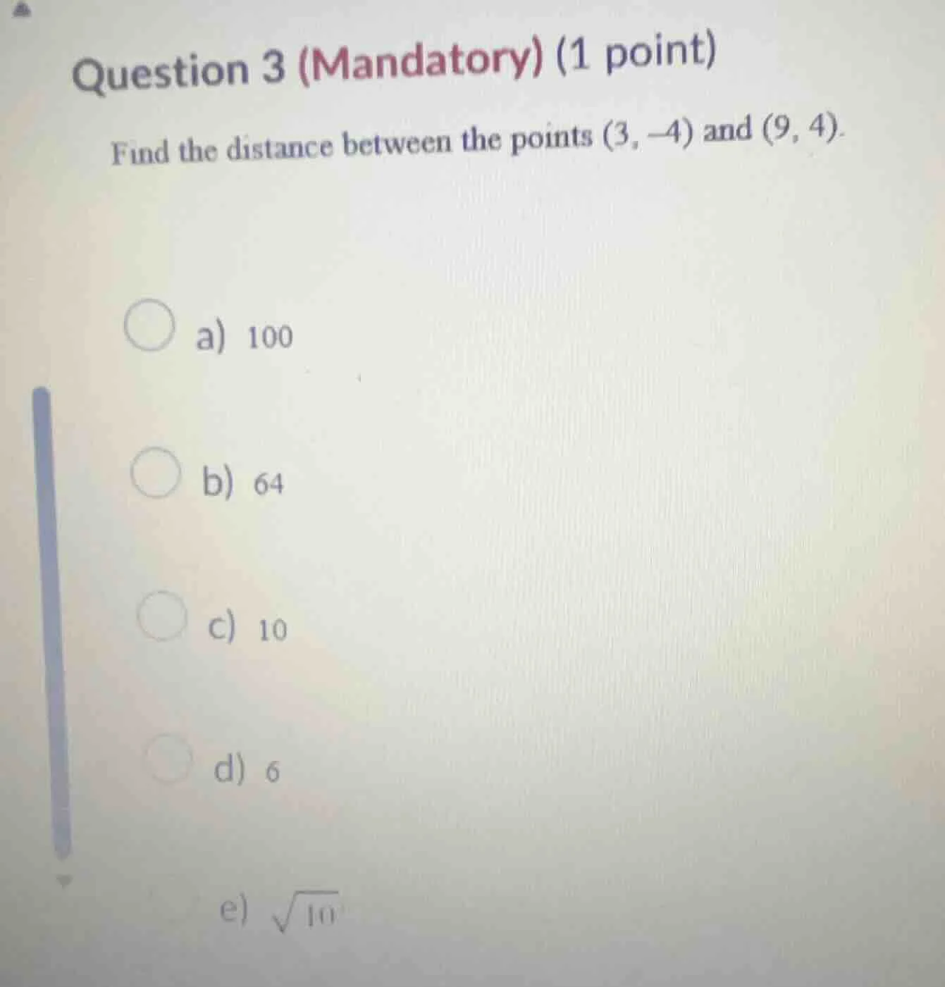 question 3 (mandatory) (1 point) find the distance between the points (…