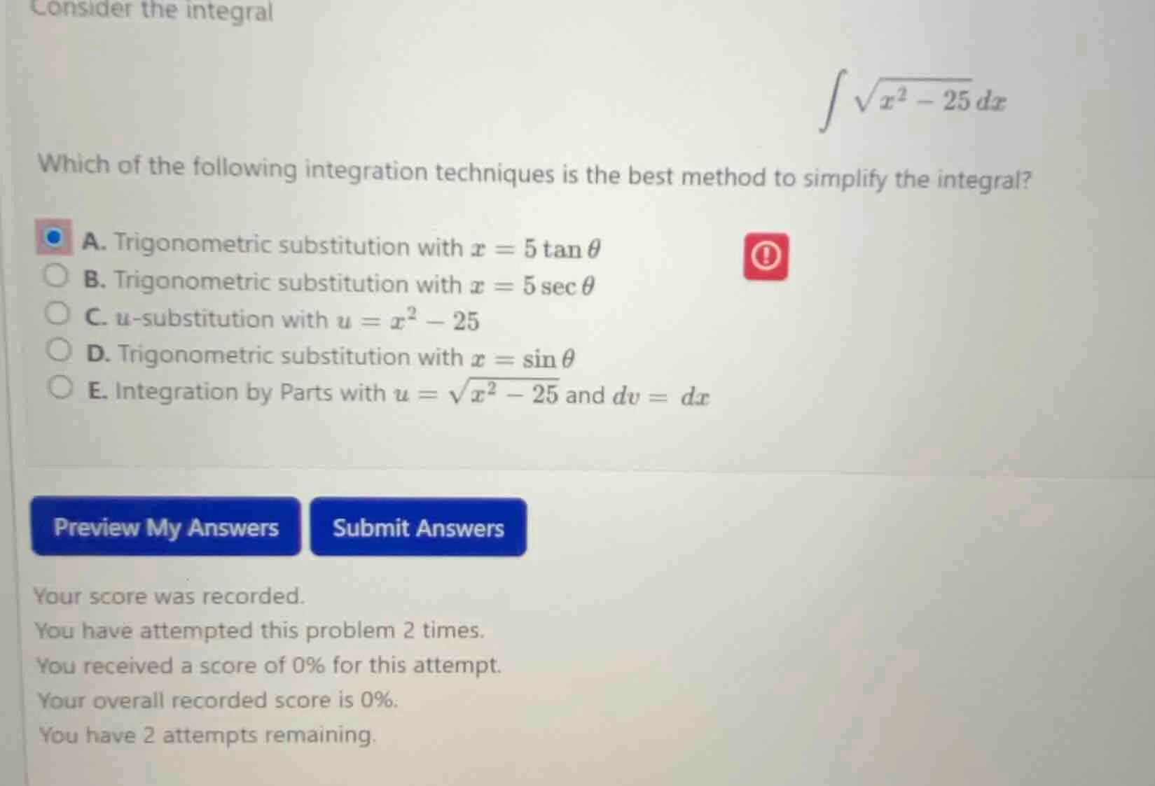 consider the integral \\(\\int \\sqrt{x^2 - 25} \\, dx\\) which of the …
