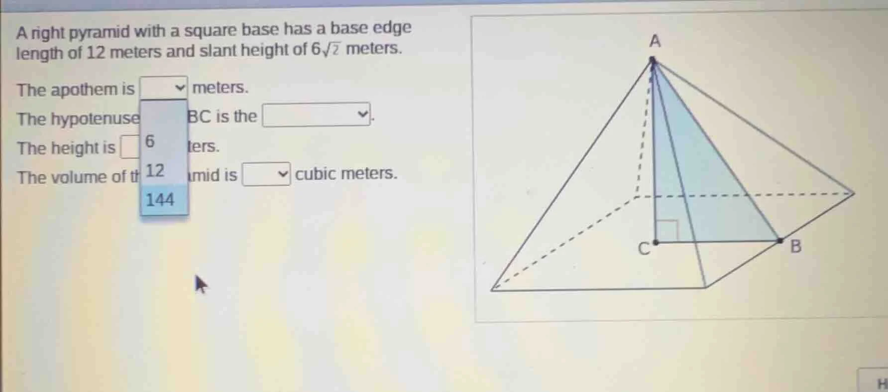 a right pyramid with a square base has a base edge length of 12 meters …