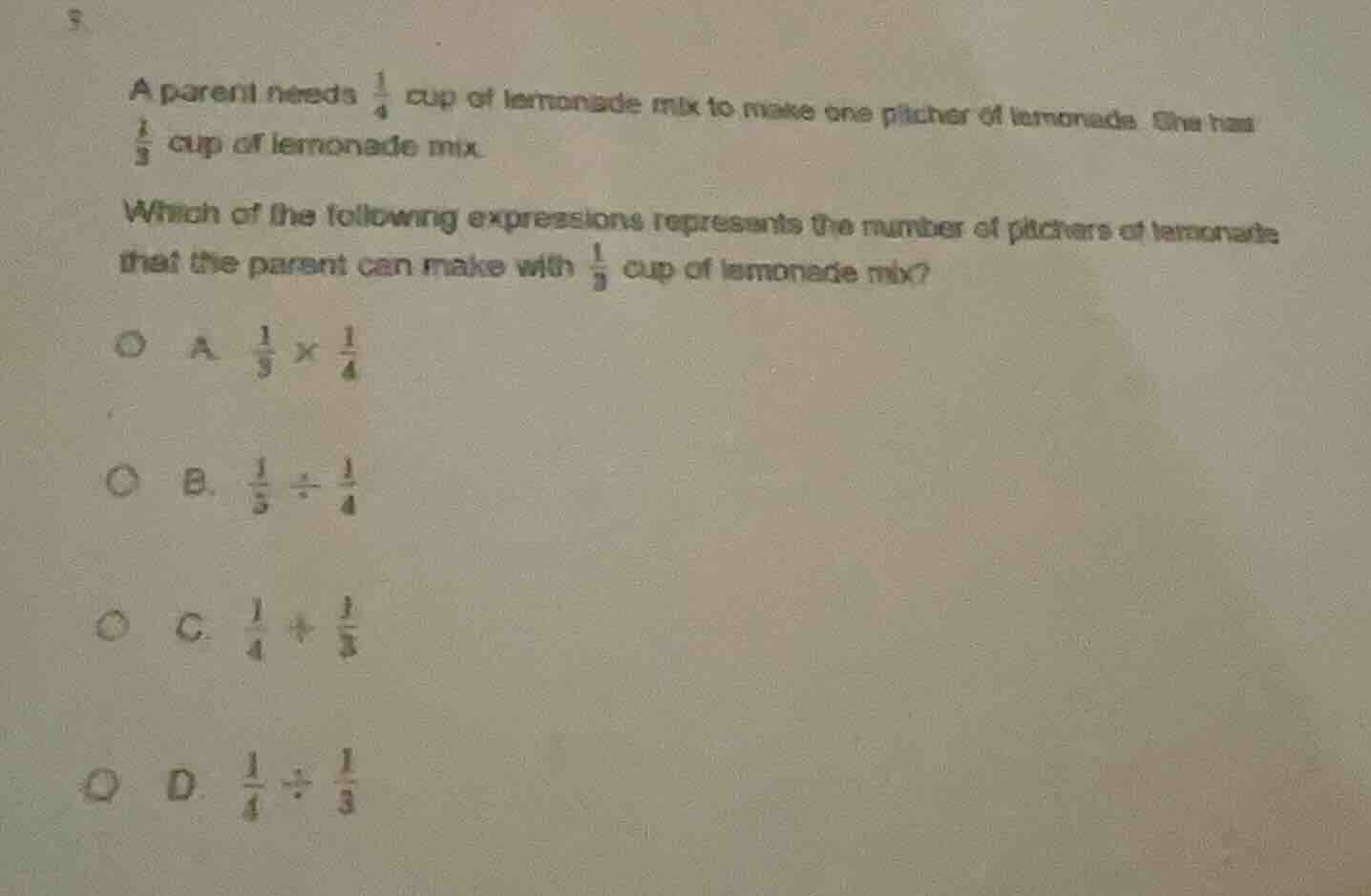 a parent needs \\(\\frac{1}{4}\\) cup of lemonade mix to make one pitch…