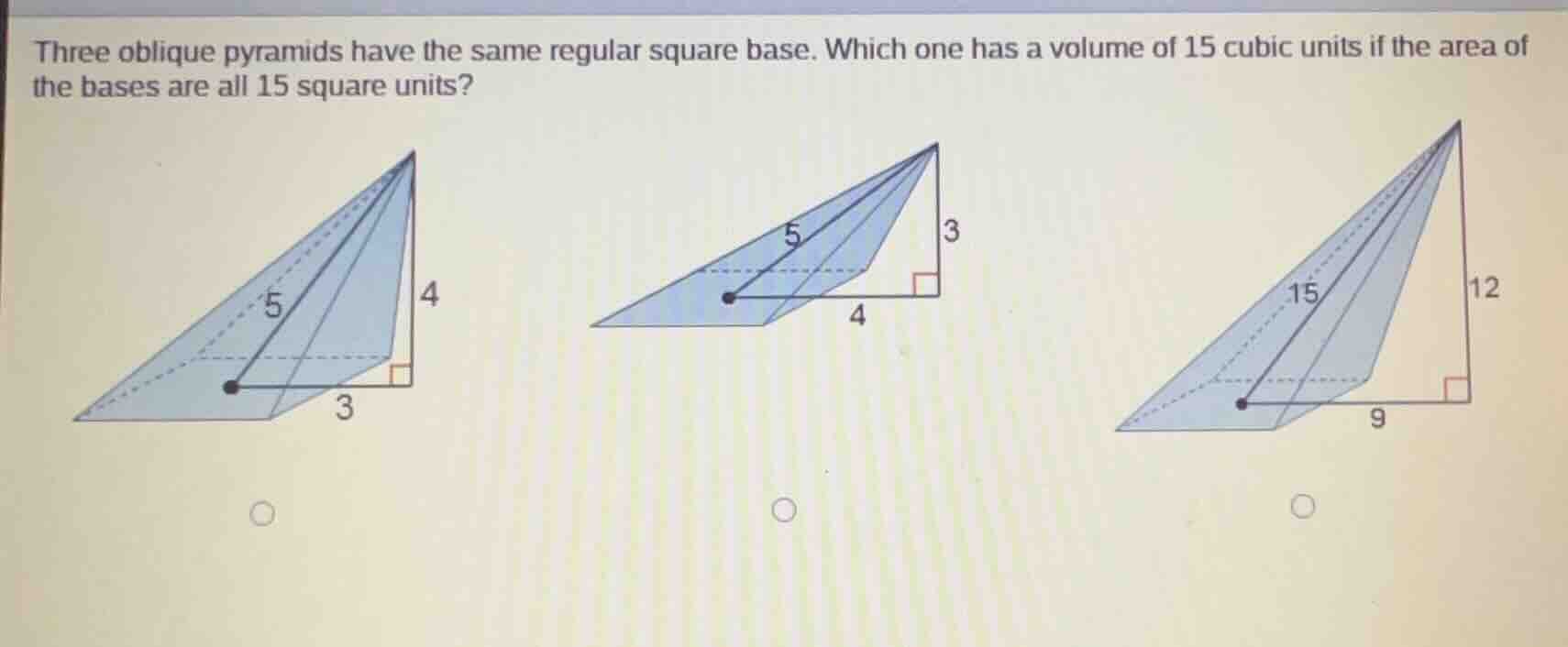 three oblique pyramids have the same regular square base. which one has…