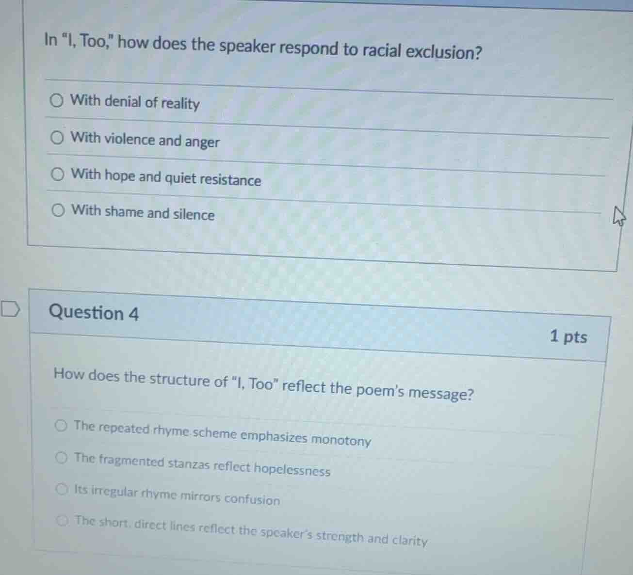 in \i, too,\ how does the speaker respond to racial exclusion? with den…