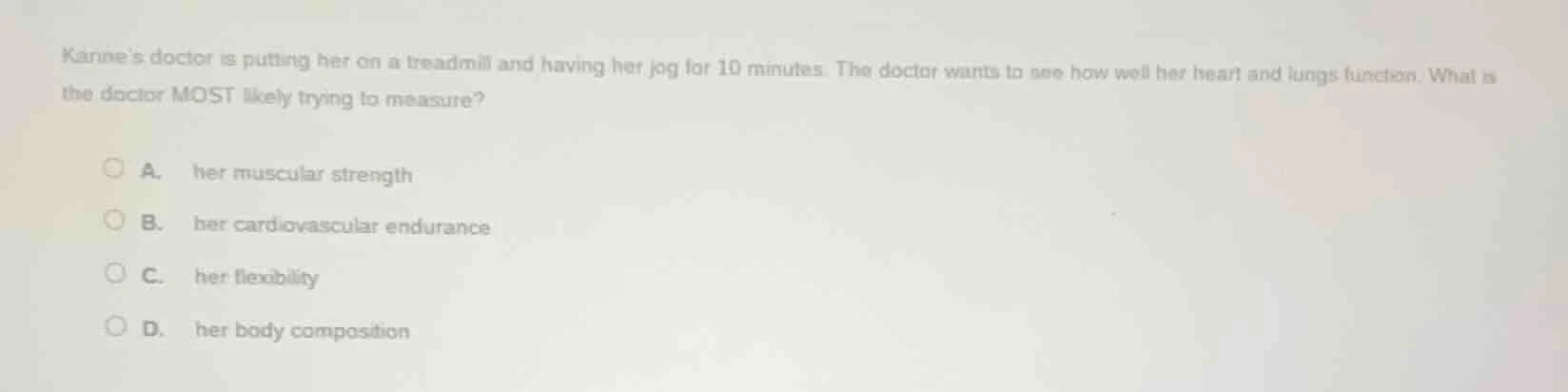 karines doctor is putting her on a treadmill and having her jog for 10 …
