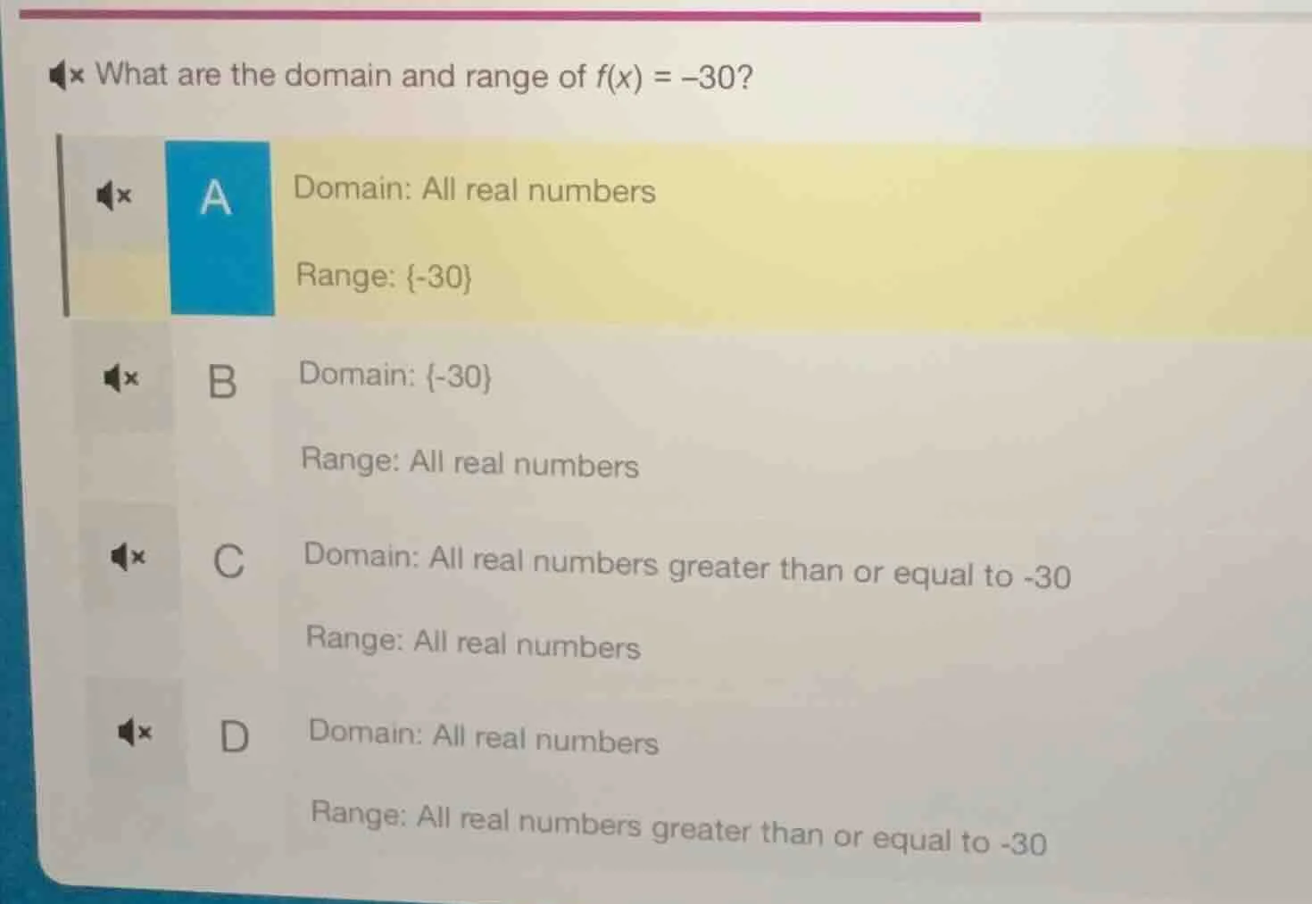 what are the domain and range of $f(x) = -30$? a domain: all real numbe…