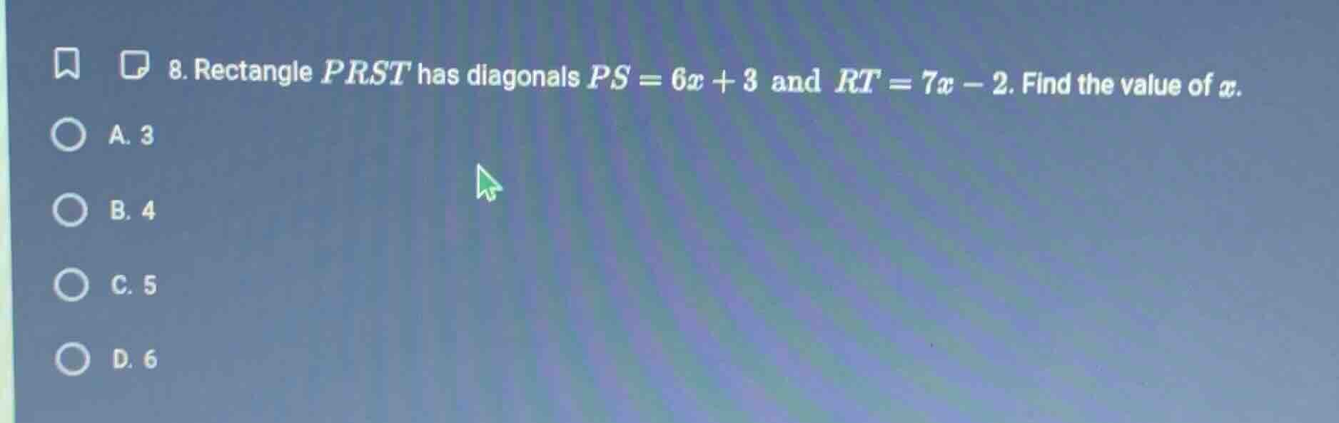 8. rectangle prst has diagonals $ps = 6x + 3$ and $rt = 7x - 2$. find t…