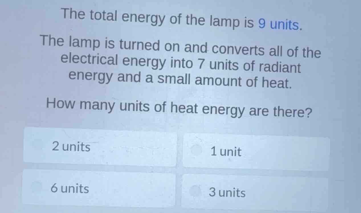 the total energy of the lamp is 9 units. the lamp is turned on and conv…