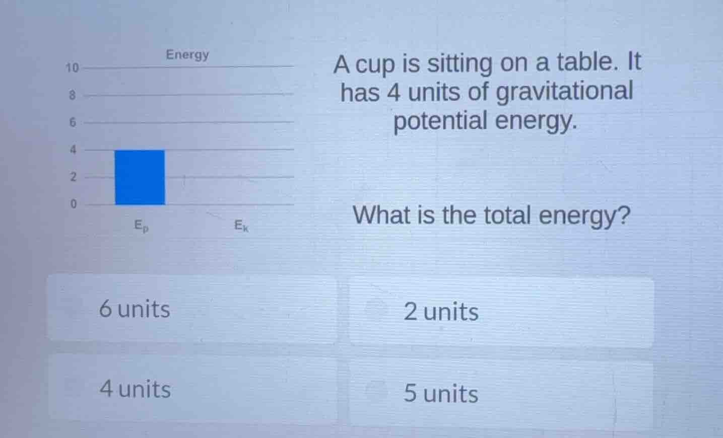 a cup is sitting on a table. it has 4 units of gravitational potential …