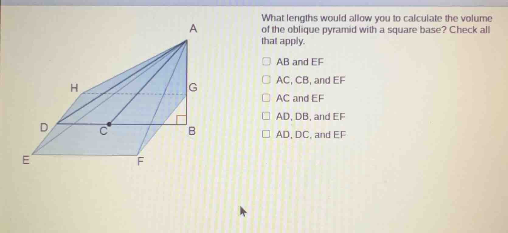 what lengths would allow you to calculate the volume of the oblique pyr…