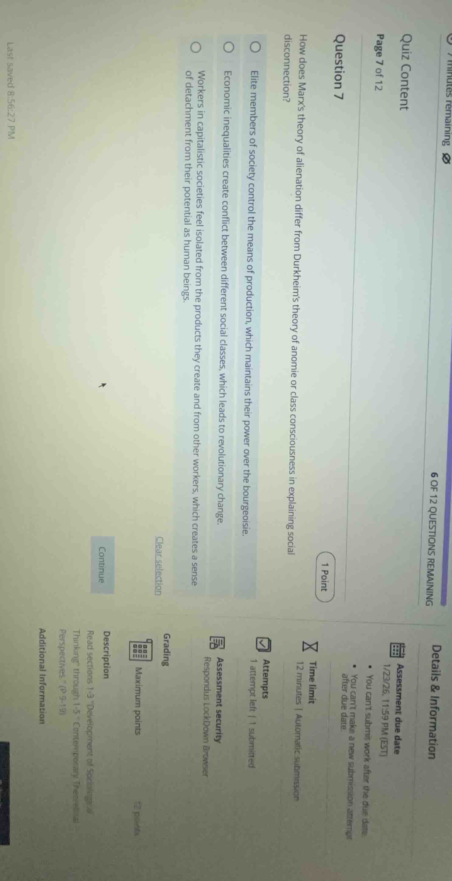 question 7 how does marx’s theory of alienation differ from durkheim’s …