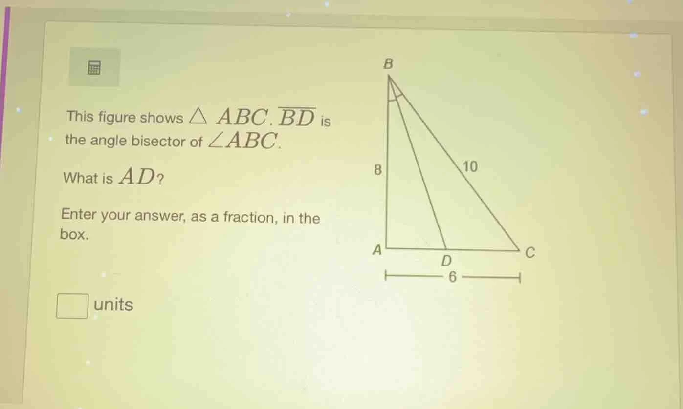 this figure shows $\\triangle abc$. $\\overline{bd}$ is the angle bisec…