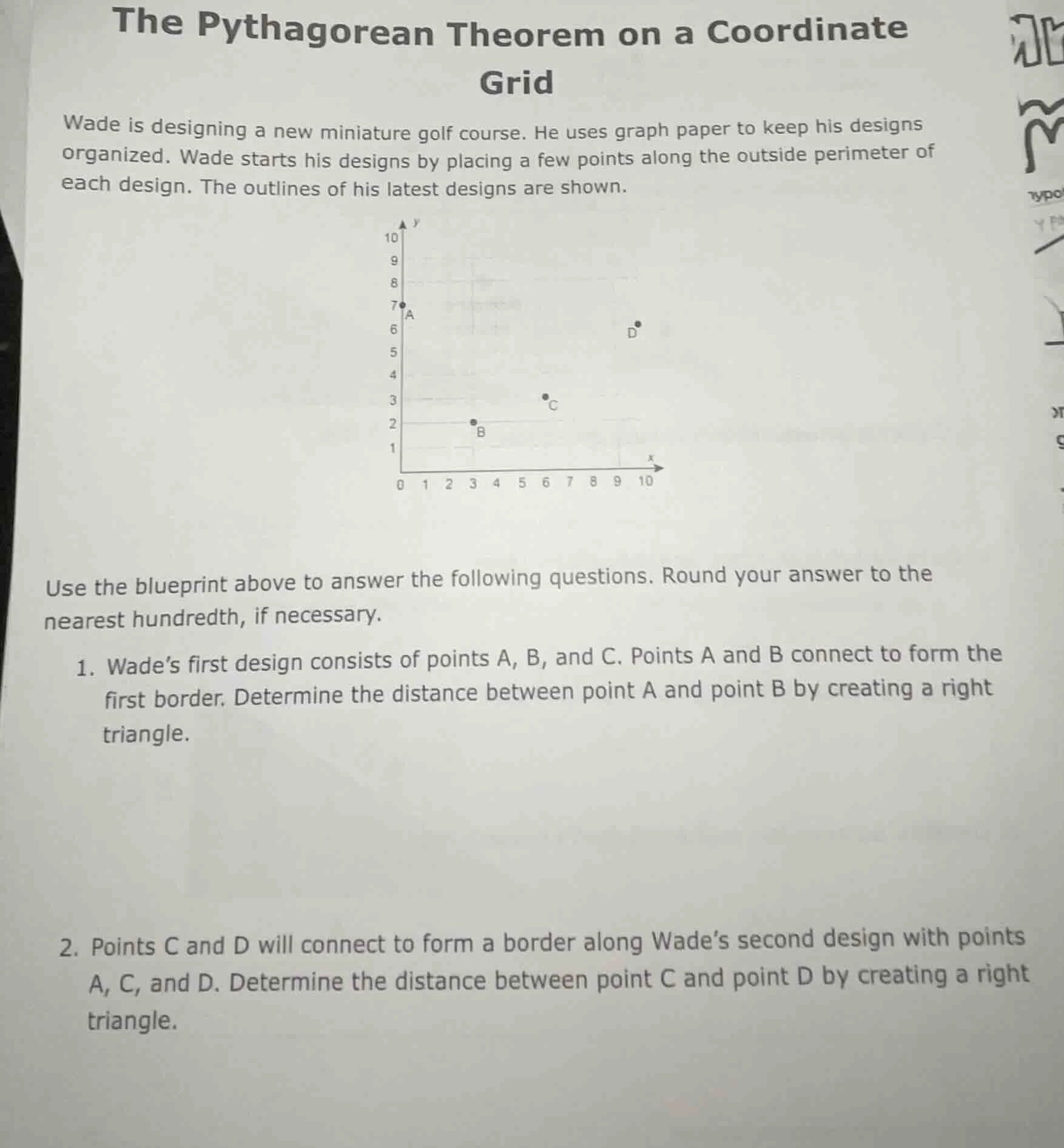 the pythagorean theorem on a coordinate grid wade is designing a new mi…