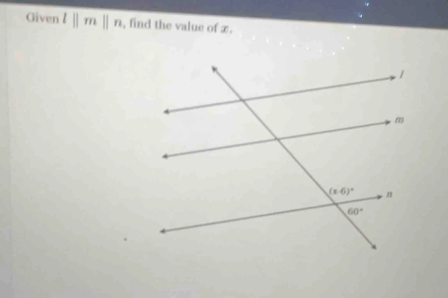 given ( l parallel m parallel n ), find the value of ( x ).