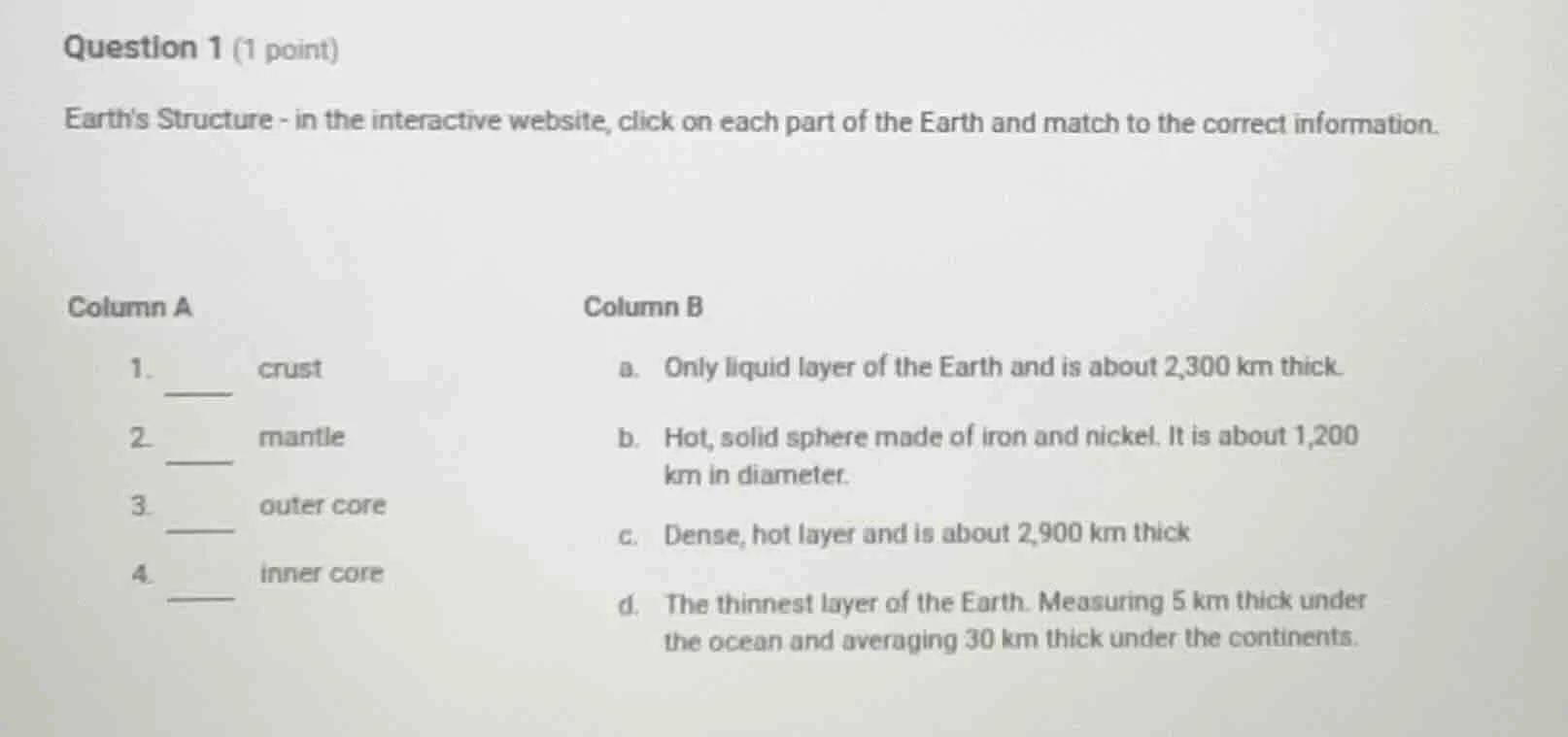 question 1 (1 point) earths structure - in the interactive website, cli…