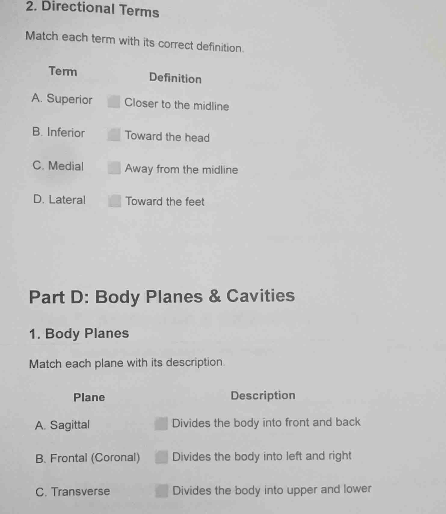 2. directional terms match each term with its correct definition. term\…