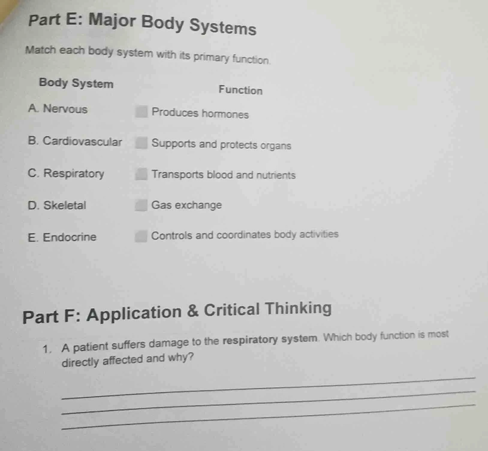 part e: major body systems match each body system with its primary func…