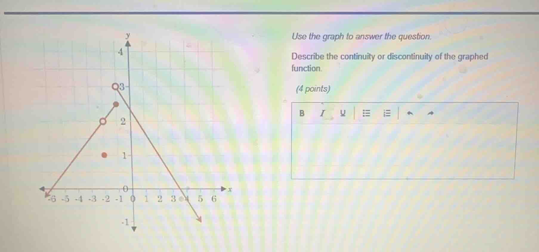 use the graph to answer the question. describe the continuity or discon…