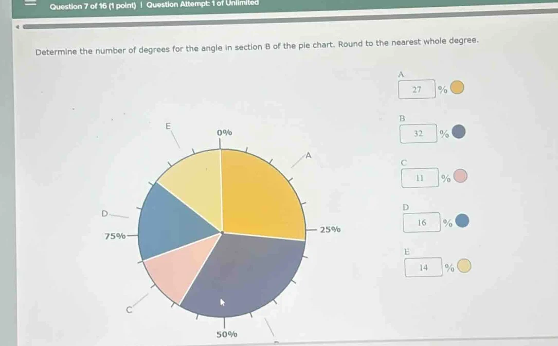 determine the number of degrees for the angle in section b of the pie c…