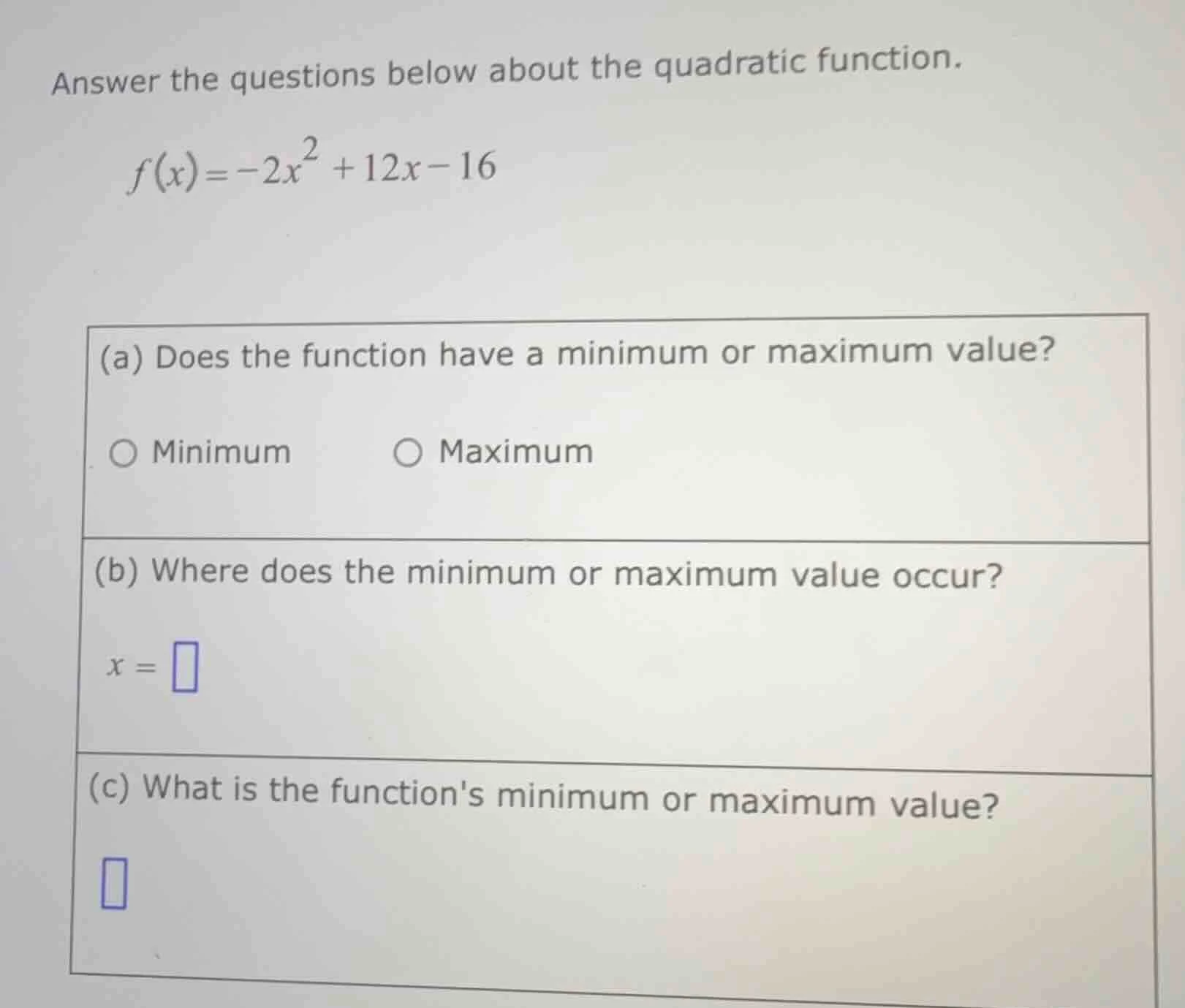answer the questions below about the quadratic function.\\( f(x) = -2x^…