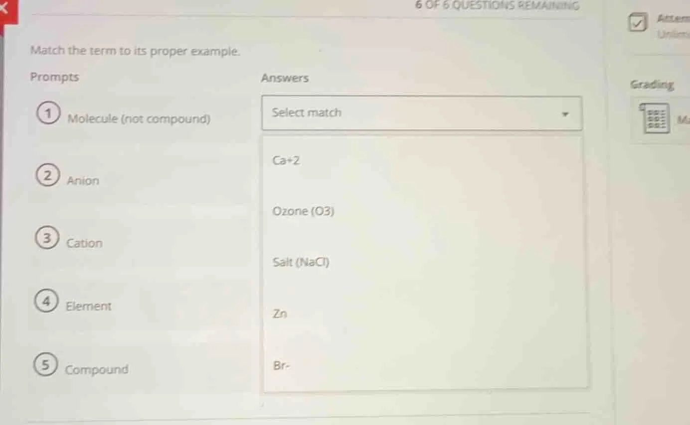 match the term to its proper example. prompts 1 molecule (not compound)…