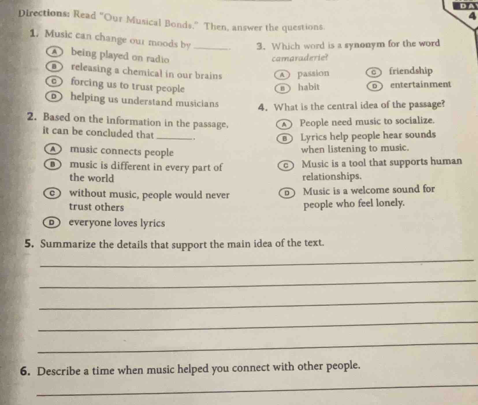 directions: read “our musical bonds.” then, answer the questions. 1. mu…