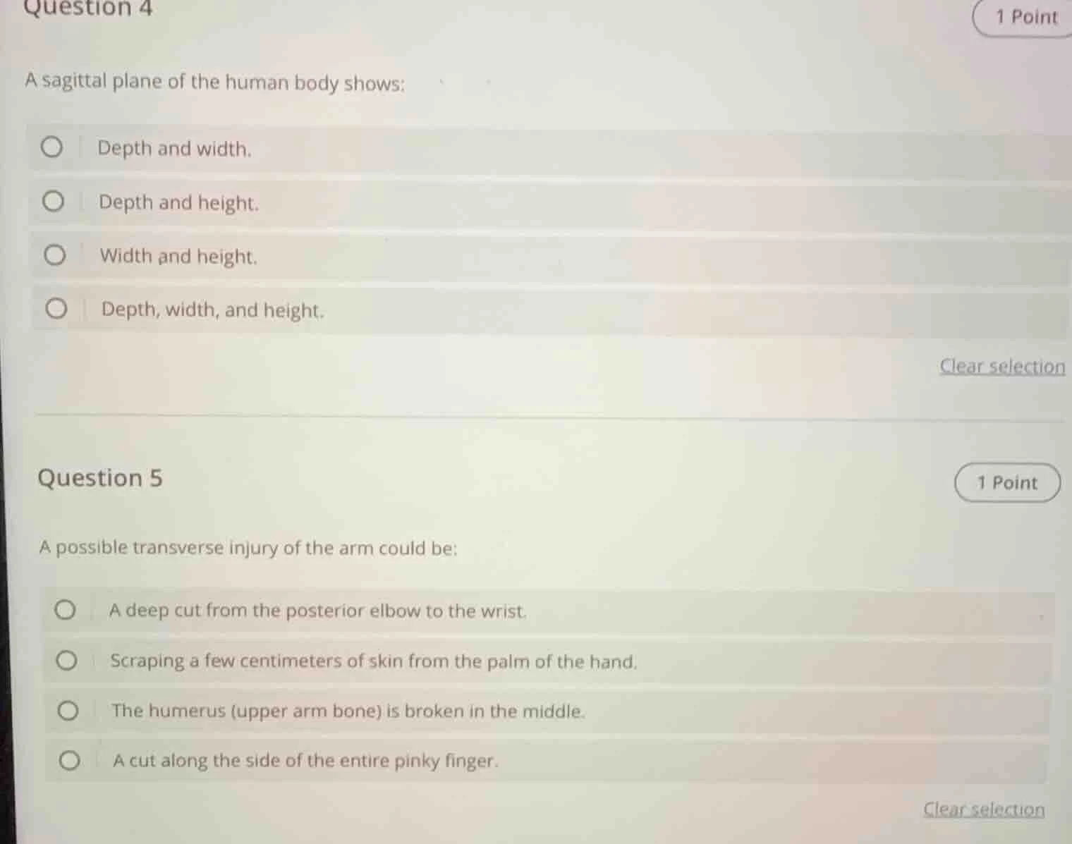 question 4 a sagittal plane of the human body shows: - depth and width.…