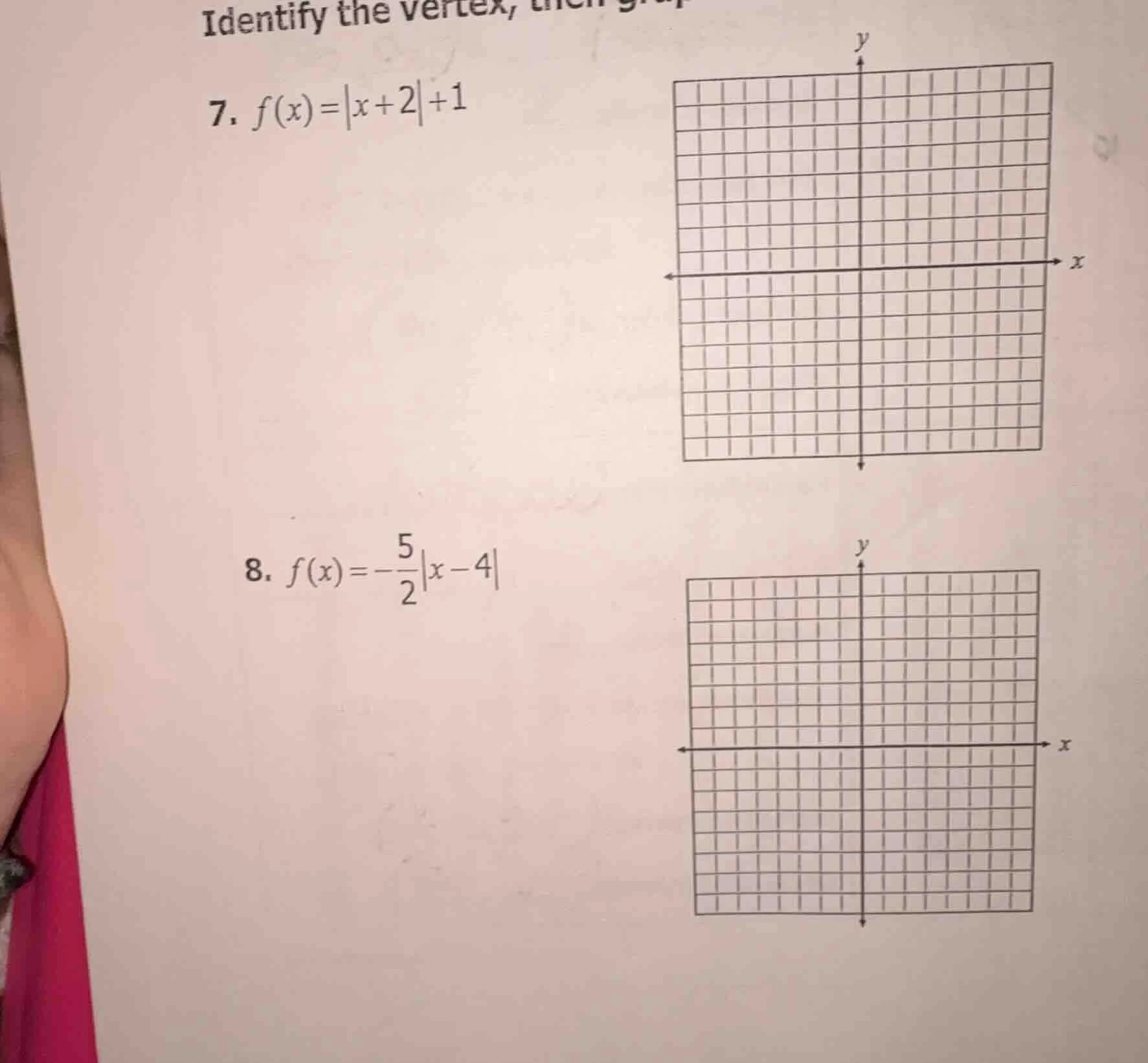 identify the vertex, then graph 7. $f(x)=|x + 2|+1$ 8. $f(x)=-dfrac{5}{…