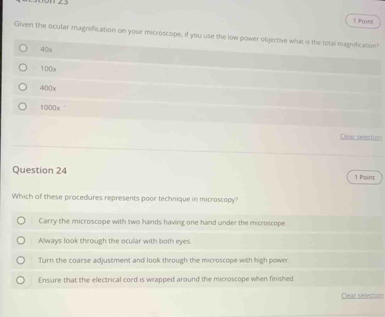 question 23 1 point given the ocular magnification on your microscope, …