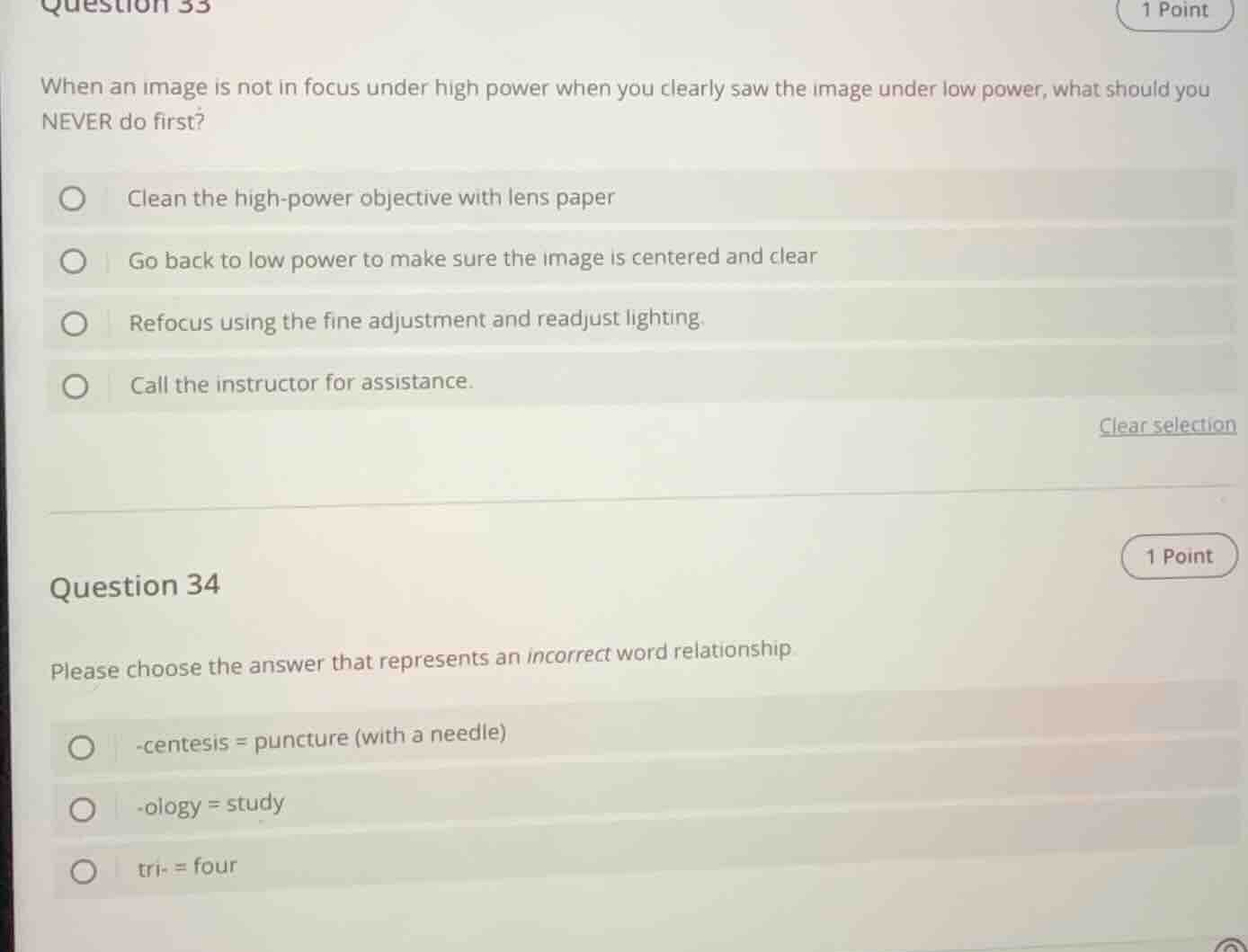 question 33 1 point when an image is not in focus under high power when…