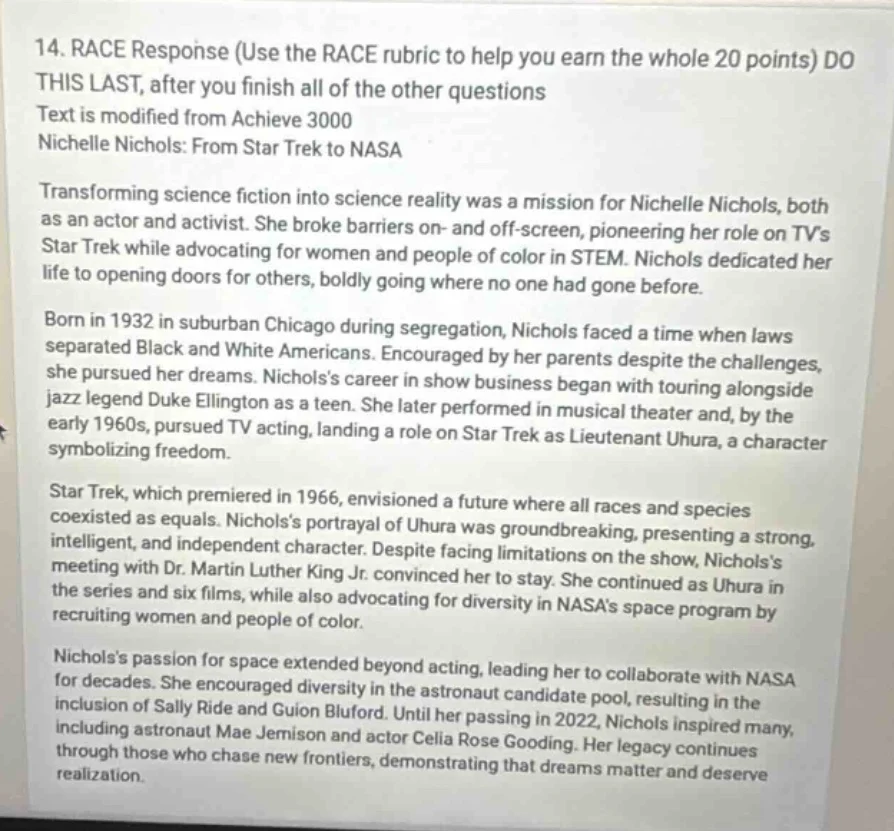 14. race response (use the race rubric to help you earn the whole 20 po…