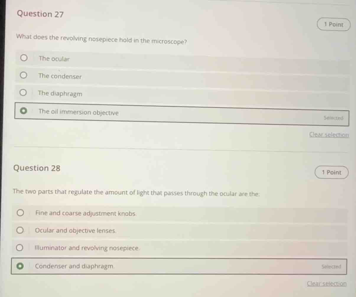 question 27 1 point what does the revolving nosepiece hold in the micro…